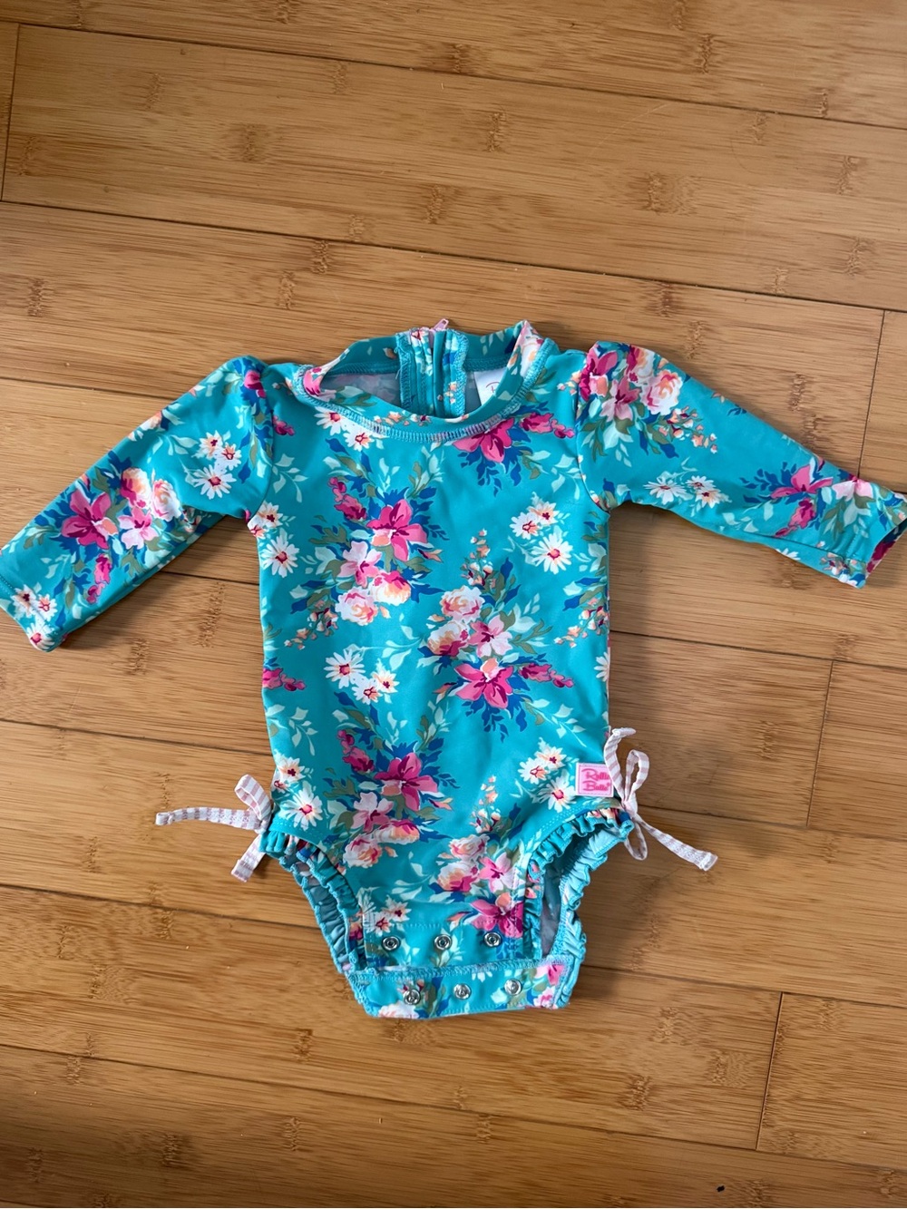 Ruffle Butts Baby Girls Turquoise Floral Long-Sleeve Swim Suit